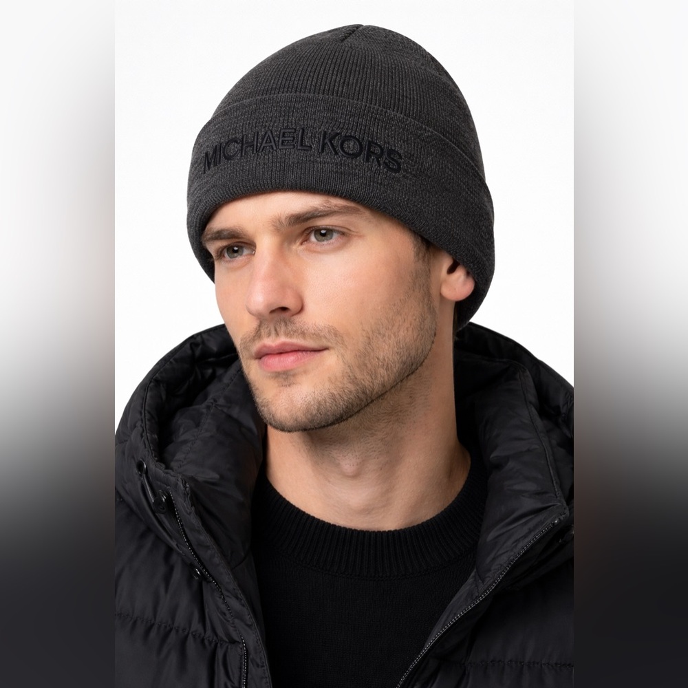 Michael Kors Gray Knit Cuff Beanie Micheal Kors Embroidered on front